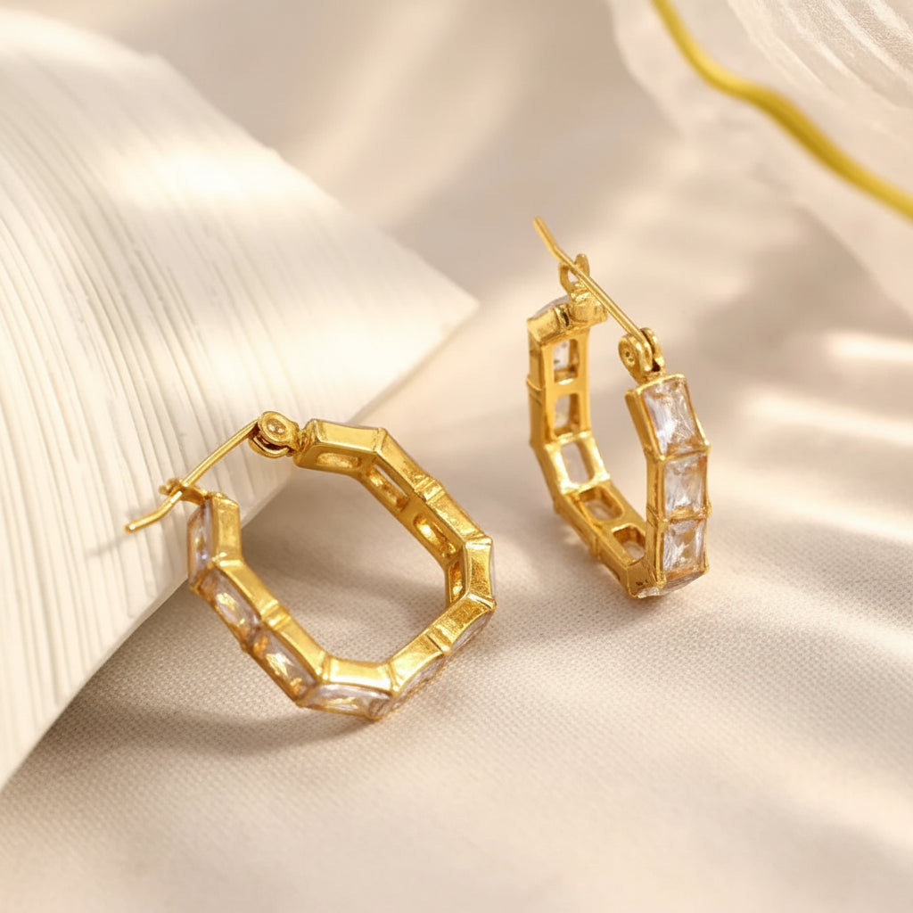 Gold Hexagon Hoop Earrings with Crystals – Square Cut Diamond Geometric Hoops for Women