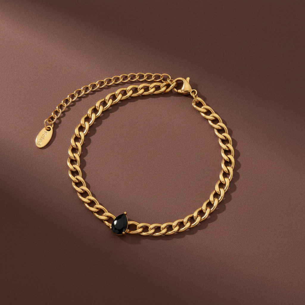 Noir Teardrop Curb Chain Bracelet – 18K Gold Plated, Anti-Tarnish For Women