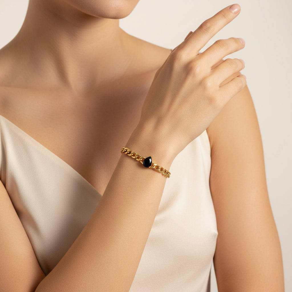 Noir Teardrop Curb Chain Bracelet – 18K Gold Plated, Anti-Tarnish For Women
