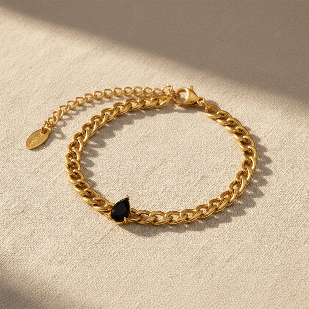 Noir Teardrop Curb Chain Bracelet – 18K Gold Plated, Anti-Tarnish For Women