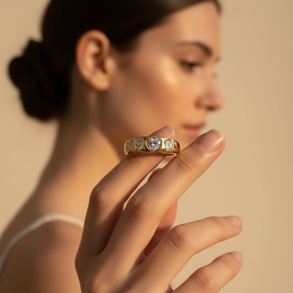 (stacked)Amora Heart Ring stacked with minimal gold rings – gifting option