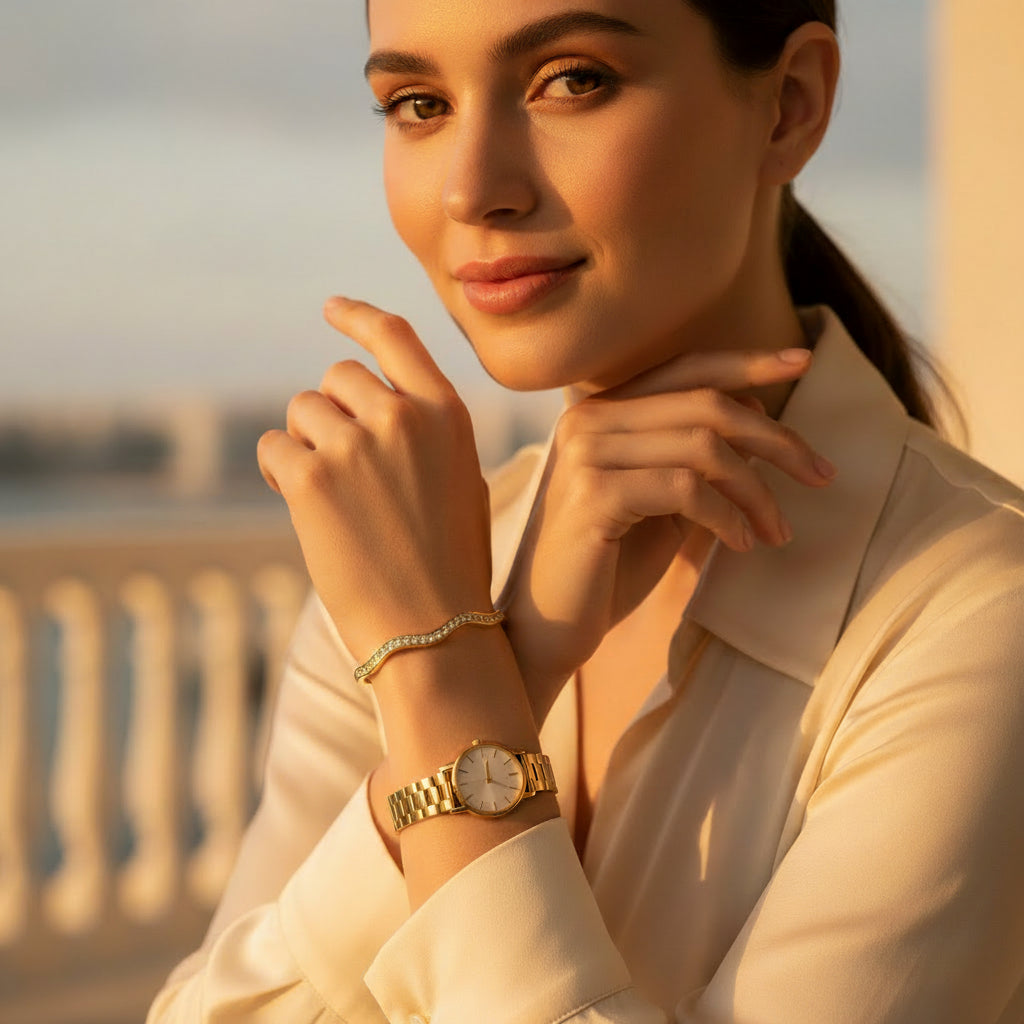 Detailed shot of the high-quality 18K gold plating and the secure hidden hinge mechanism on the Aura Stream bangle.