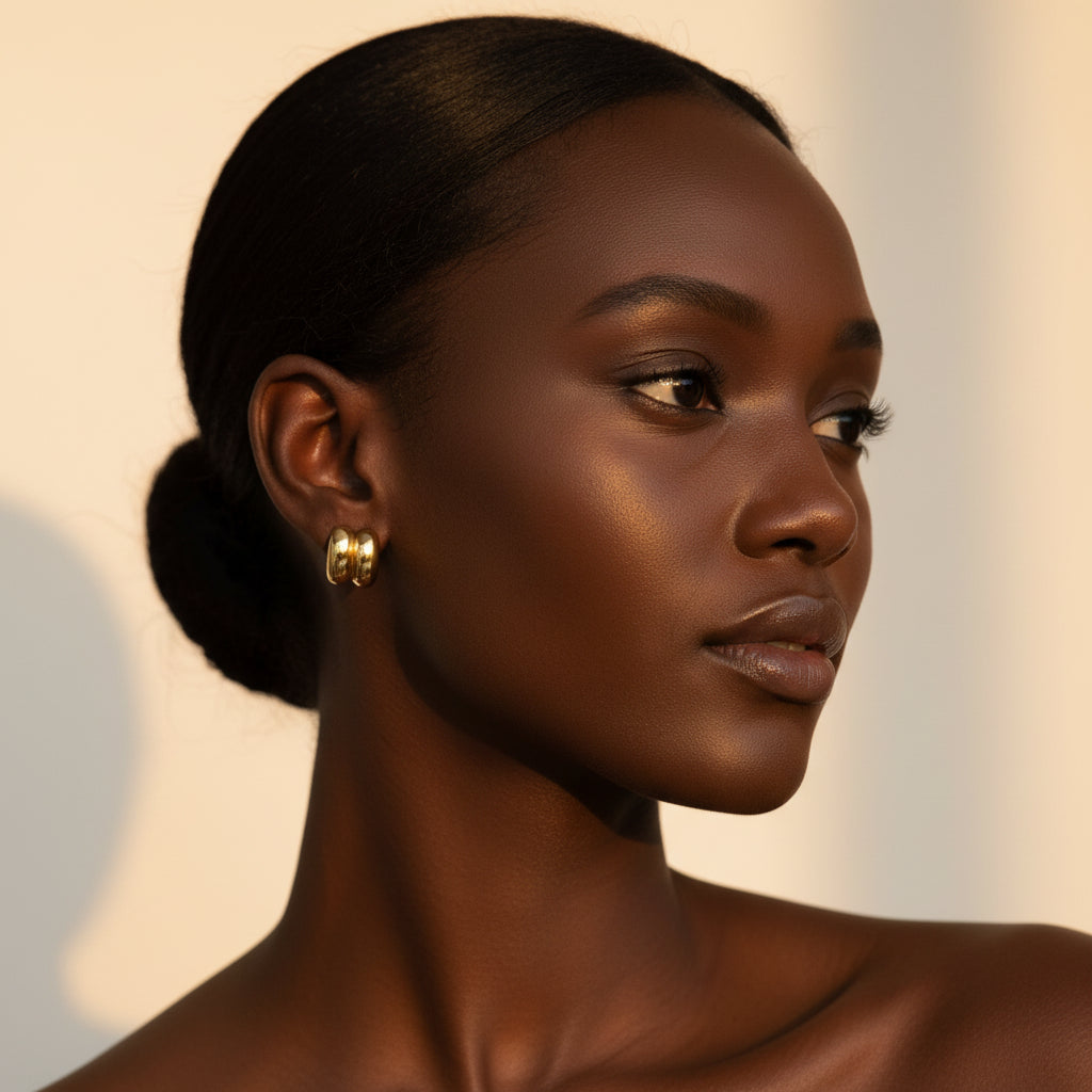Realistic flat lay photograph of the premium 18K gold plated architectural double domed stud earrings resting naturally on a textured cream linen cloth.