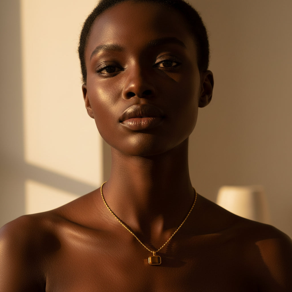 Black female model wearing an elegant gold Tiger Eye pendant necklace.