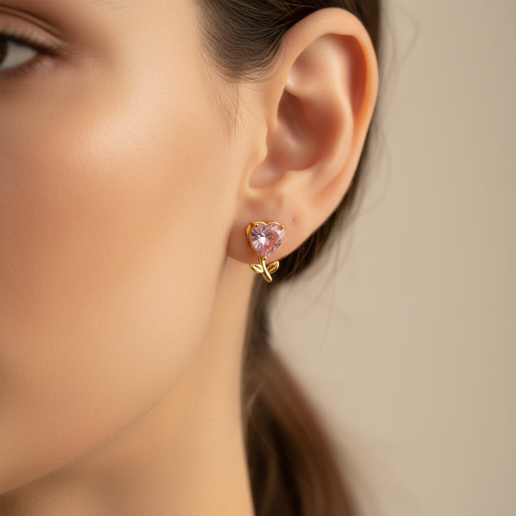 Blush Heart Stud Earrings close-up showing pink cubic zirconia heart stone