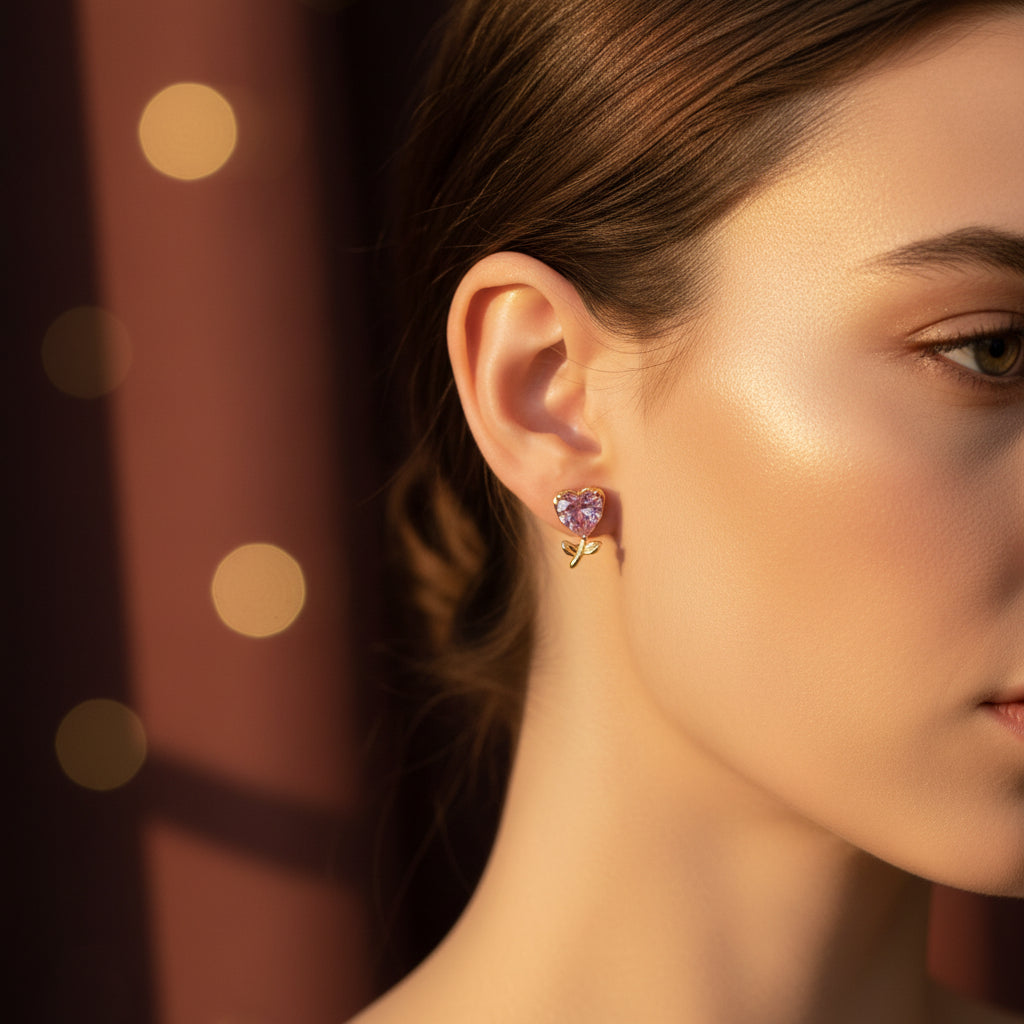 Blush Heart Stud Earrings pink stone detail in gold plated setting by Swikaar