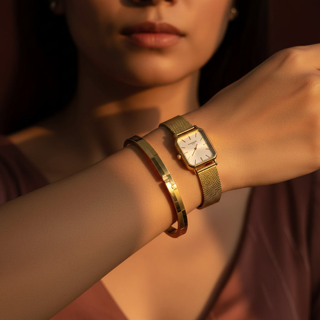 A three-quarter profile of a model with a slender wrist wearing the brick textured block gold Kada stacked closely next to an elegant gold watch under warm golden lighting against a brown background. Focus is locked on her thin arm.