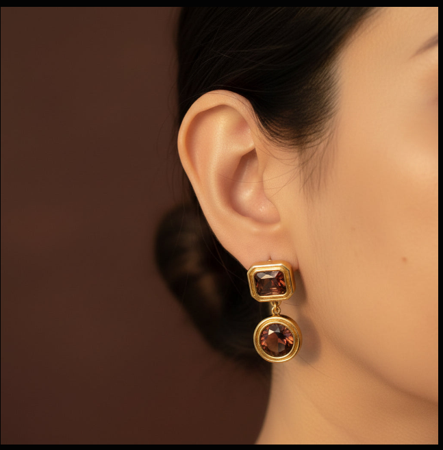 Woman wearing Celeste Champagne Drop Earrings with focus on the elegant champagne stones.