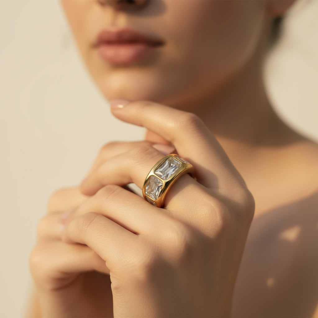 Chunky Crystal Luxe Statement Ring front view showing oversized crystal stone setting