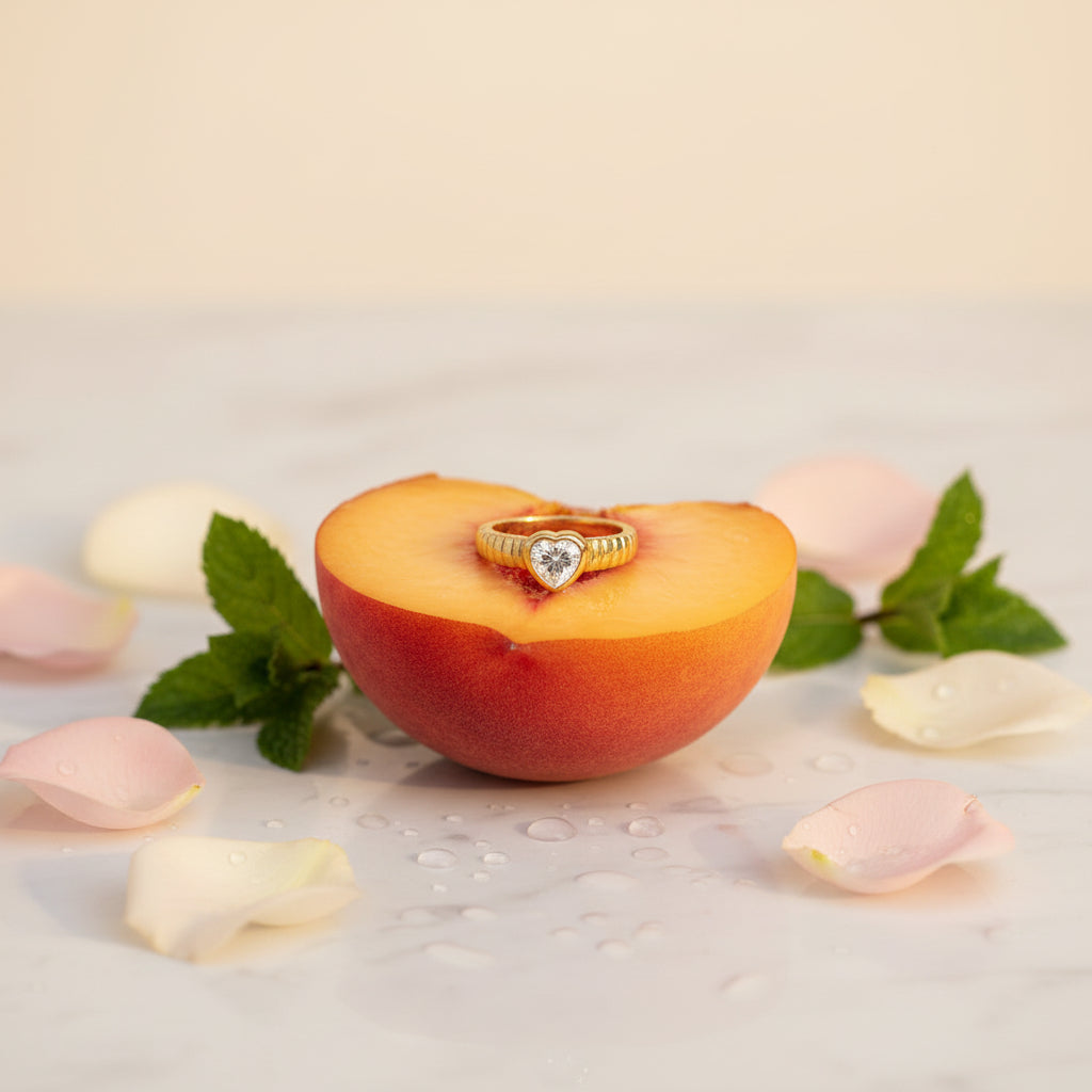 Classic Solitaire Heart Ribbed Ring stacked with minimal gold bands – everyday jewellery