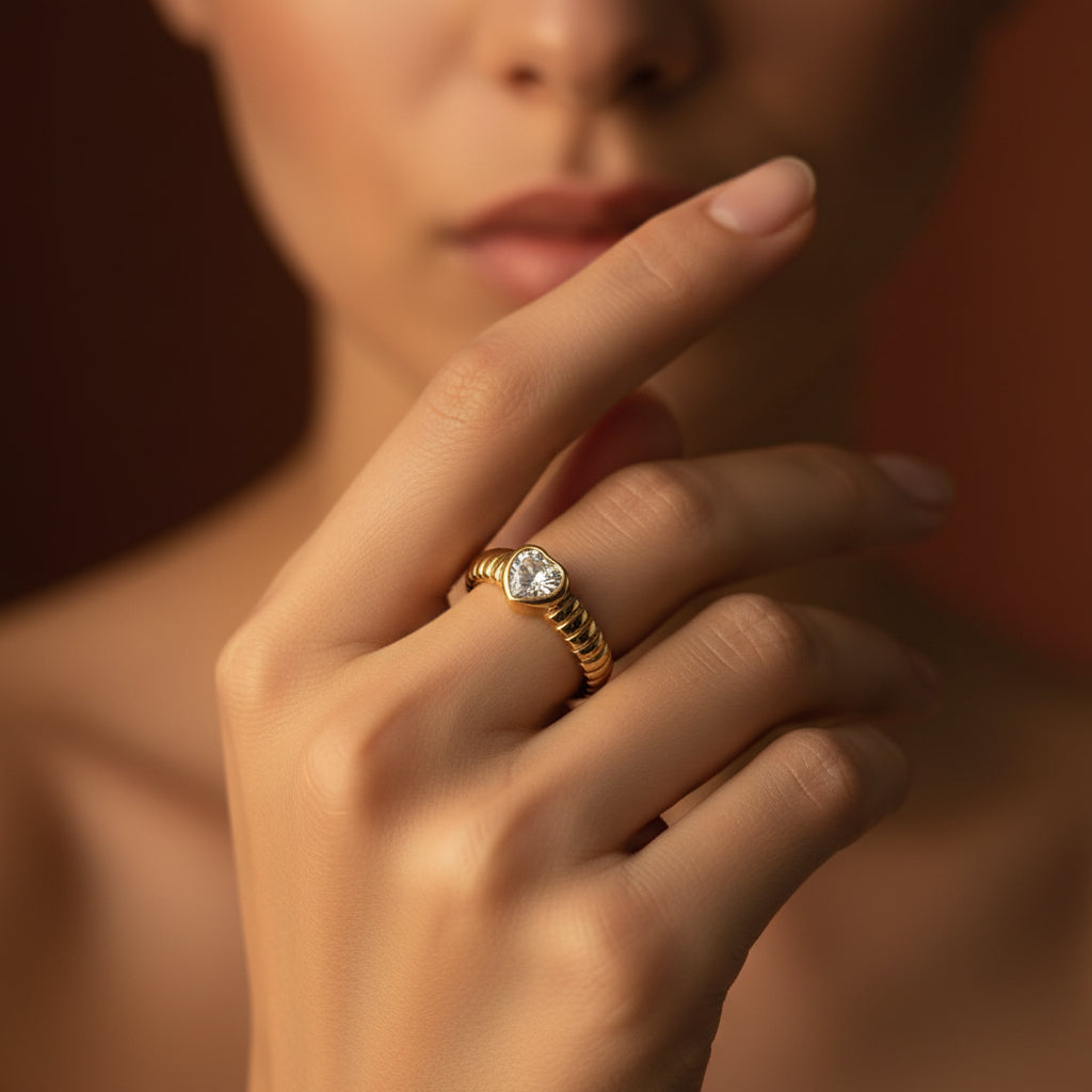 Classic Solitaire Heart Ribbed Ring side view showing textured ribbed band detail