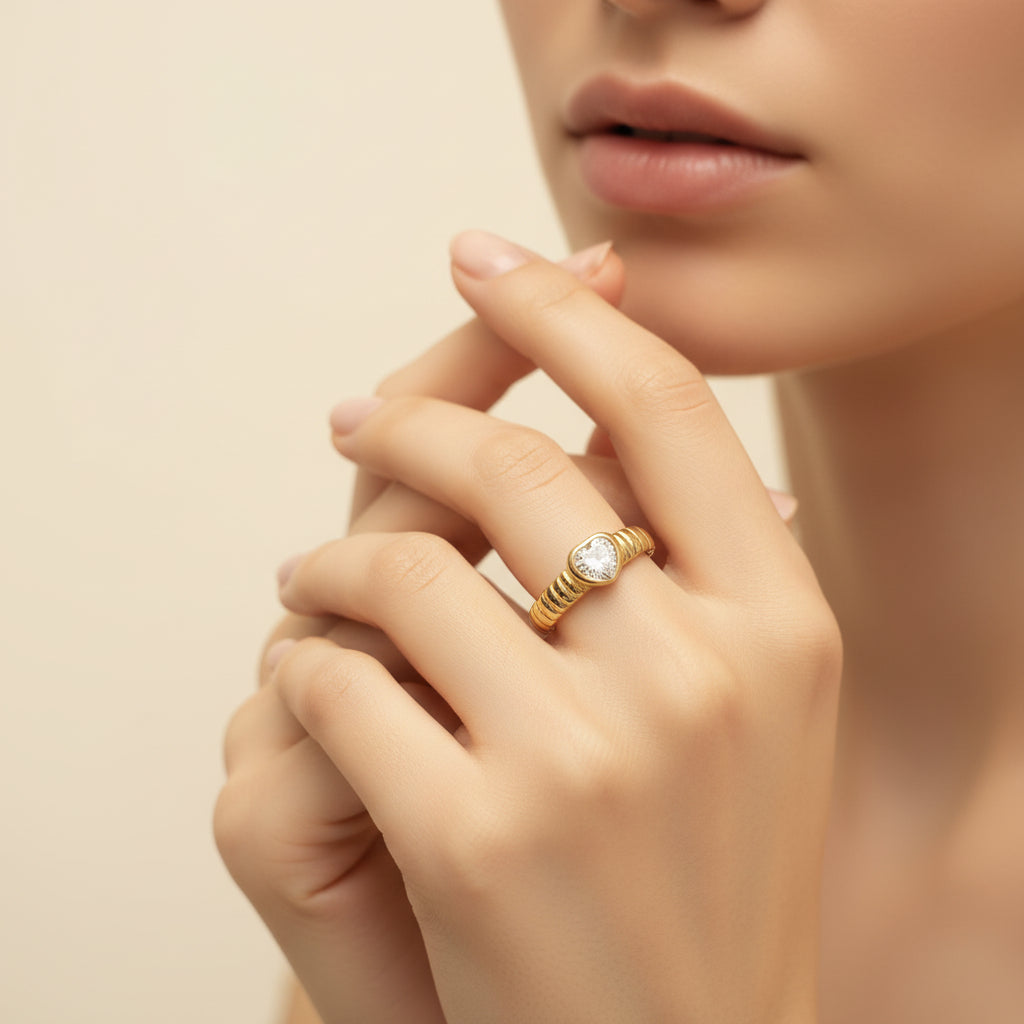 Classic Solitaire Heart Ribbed Ring stacked with minimal gold bands – everyday jewellery