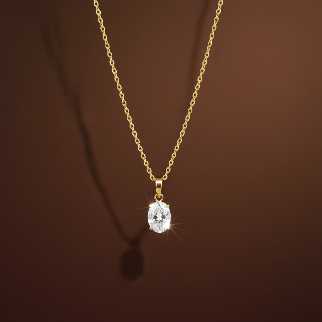 Classic Solitaire Pendant Necklace – gold plated oval-cut stone pendant by Swikaar
