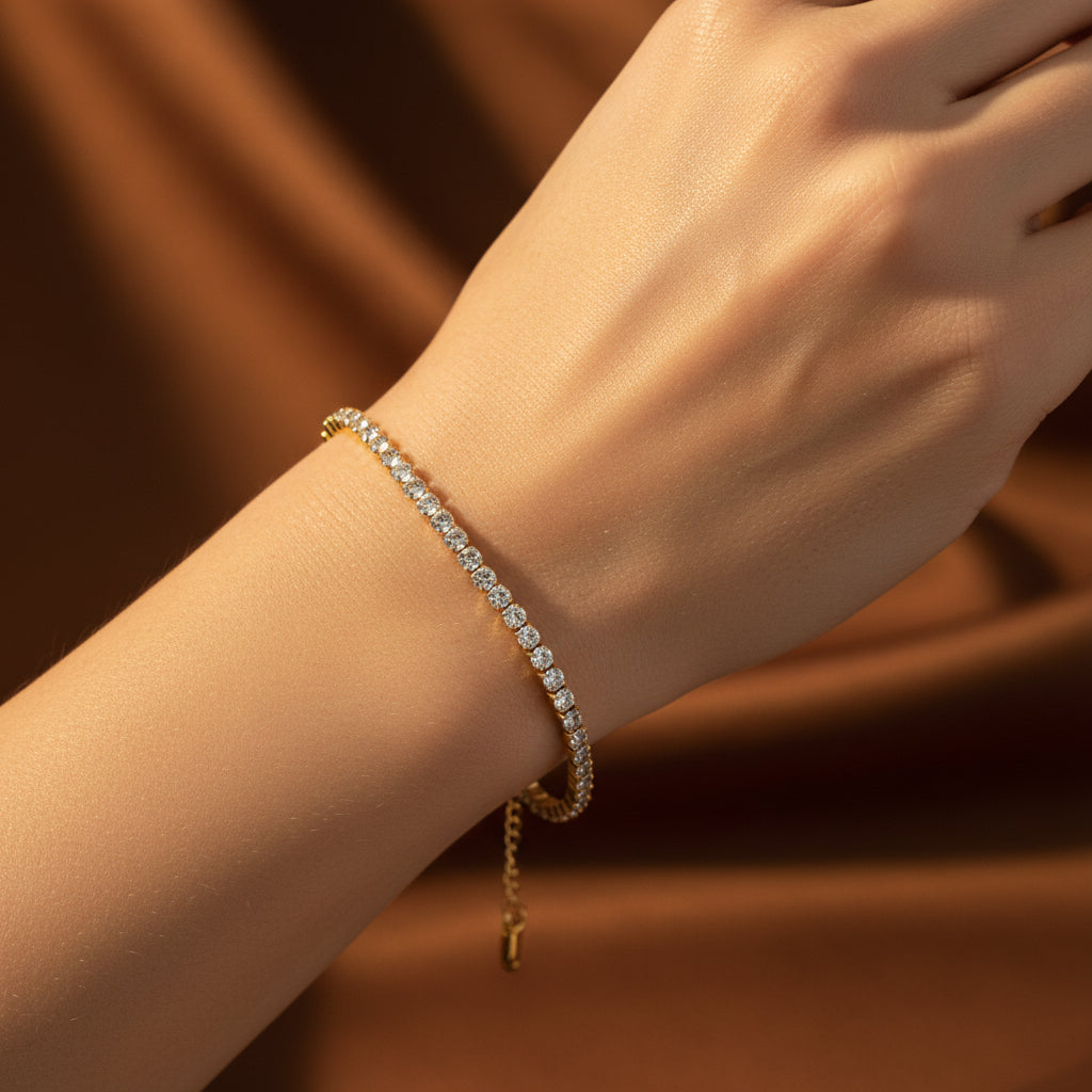 Classic Tennis Bracelet front view showing row of sparkling crystal stones in gold plated setting