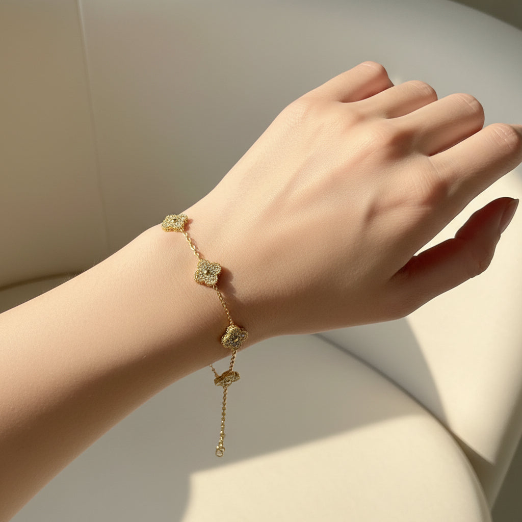 Clover Luxe Charm Bracelet layered with tennis bracelet – stacked wrist styling