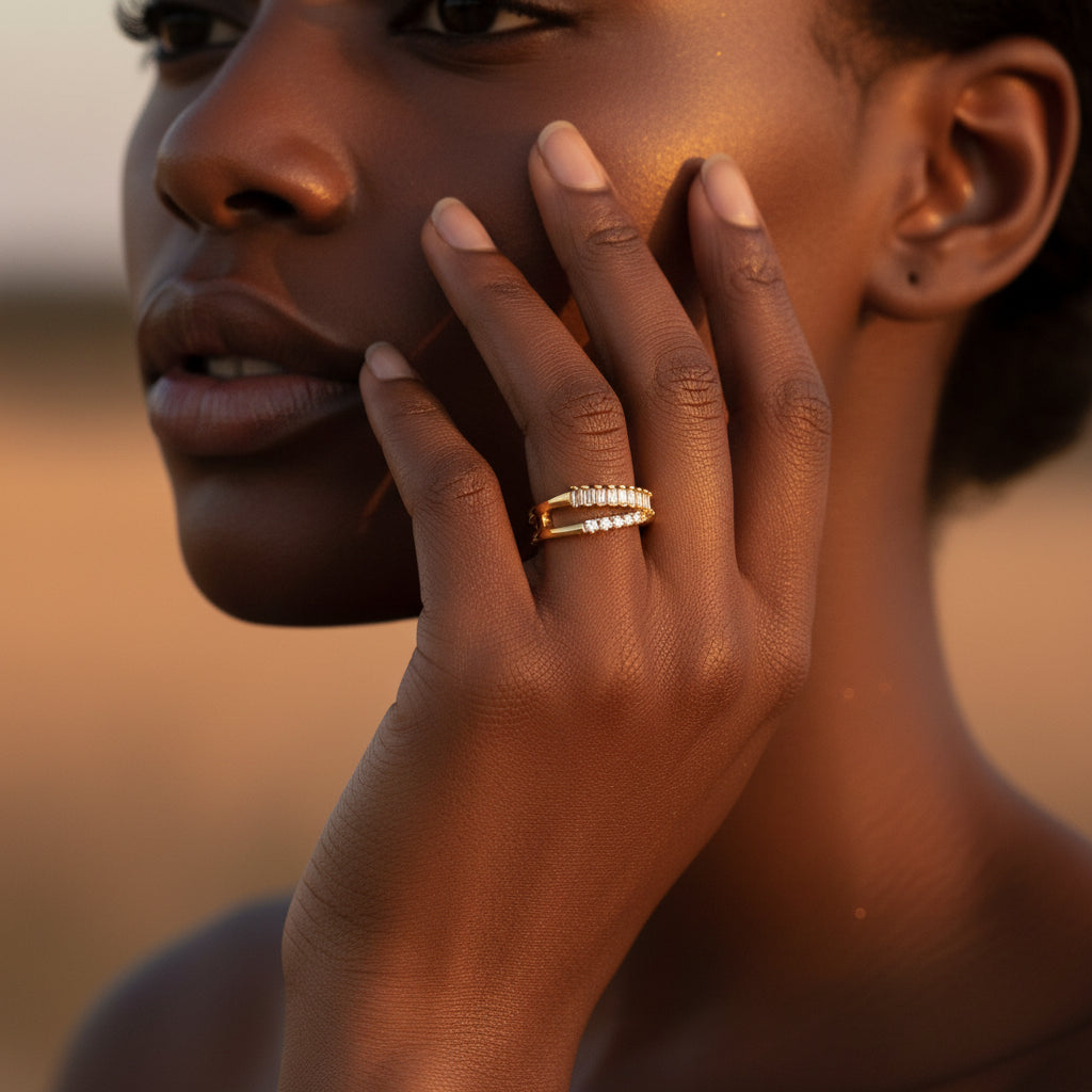 Black female model wearing 18K gold plated adjustable CZ ring with elegant styling