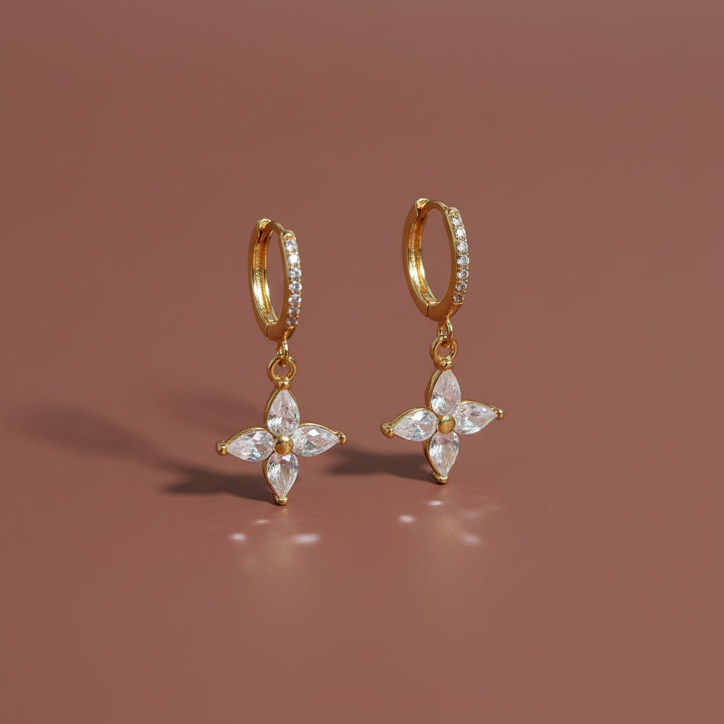 Crystal Bloom Charm Hoop Earrings – gold plated floral charm hoop earrings by Swikaar