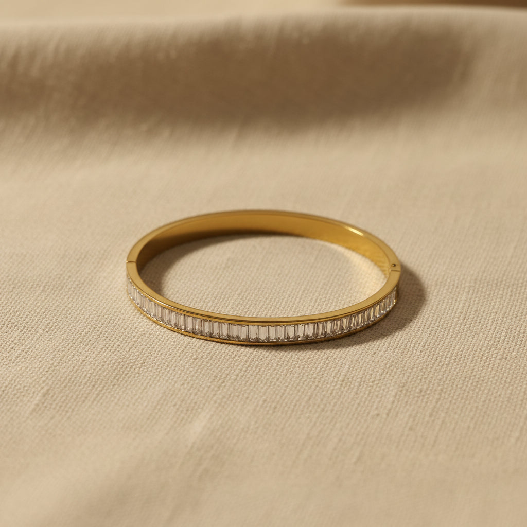 Crystal Gold Bangle Bracelet flat lay on white surface – Swikaar jewellery