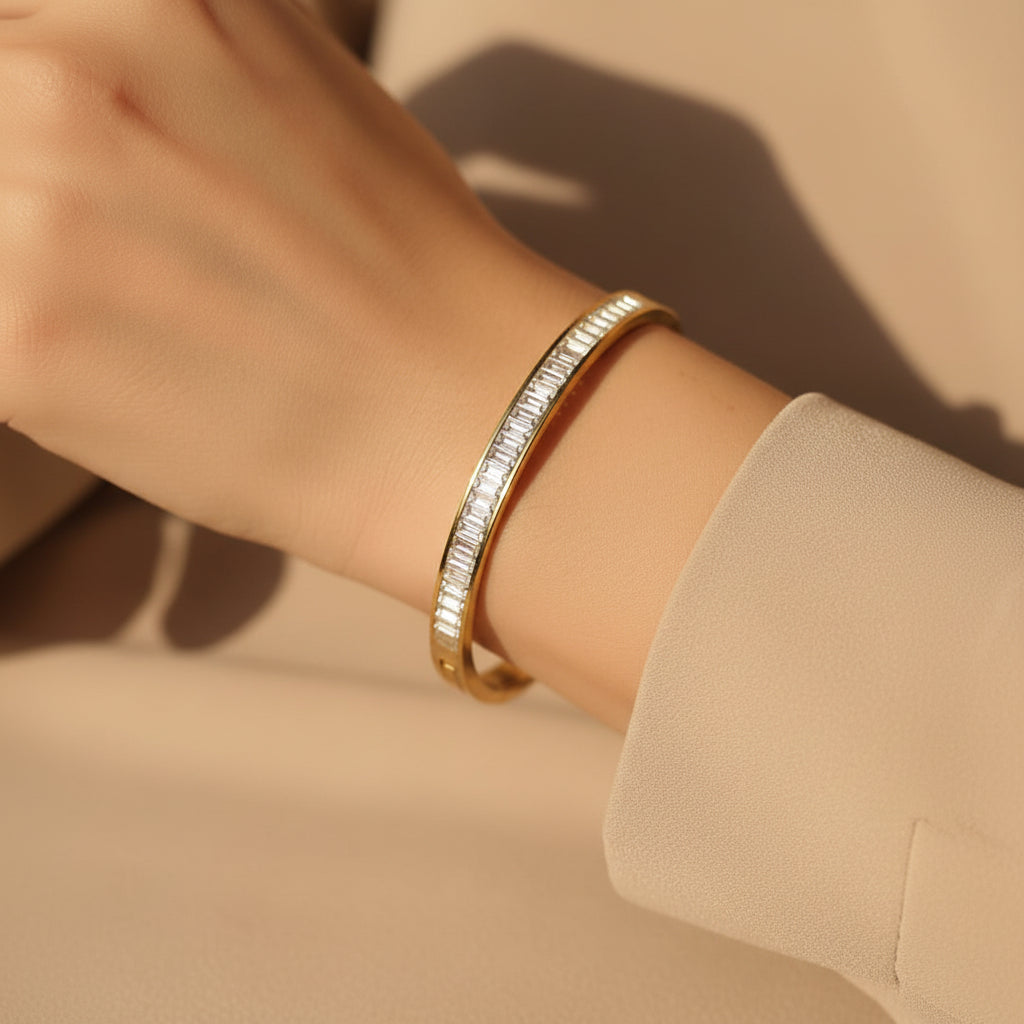 Crystal Gold Bangle Bracelet worn on wrist – gold plated daily wear bangle