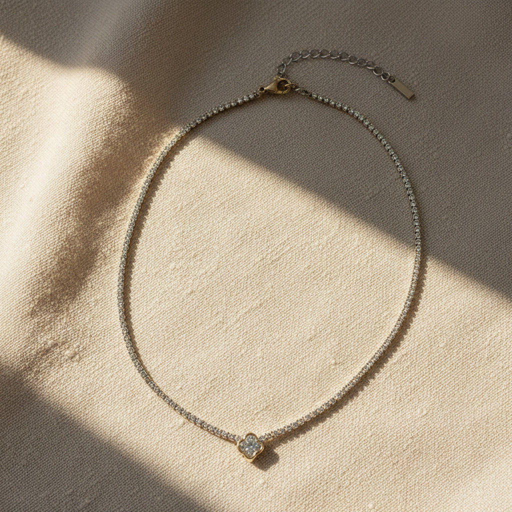 Crystal Tennis Necklace with Clover Pendant worn around neck – gold plated tennis necklace for women