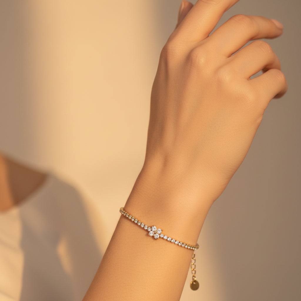Daisy Tennis Bracelet front view showing daisy floral charm and sparkling crystal stone chain