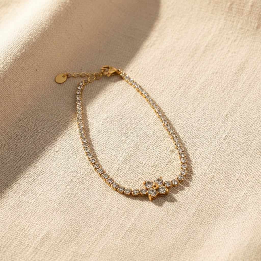 Daisy Tennis Bracelet front view showing daisy floral charm and sparkling crystal stone chain