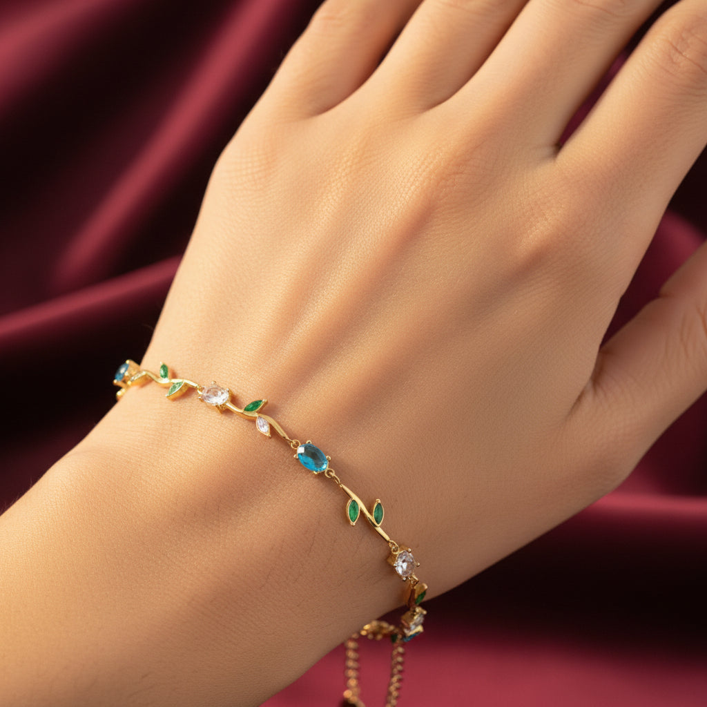 Delicate Floral Bracelet worn on wrist – feminine gold floral vine bracelet for women by Swikaar
