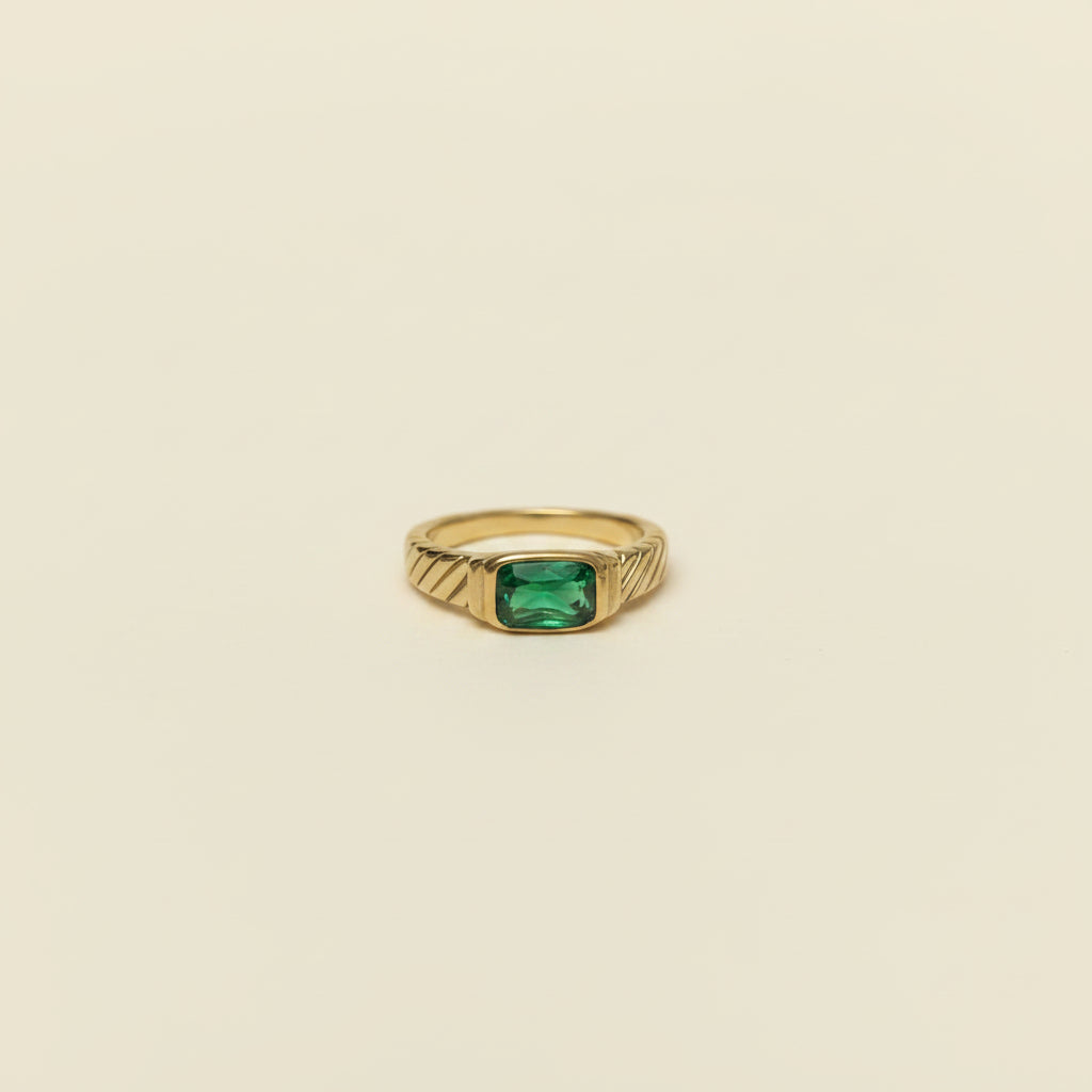 Emerald Royale Statement Ring side view showing gold plated band and emerald stone profile