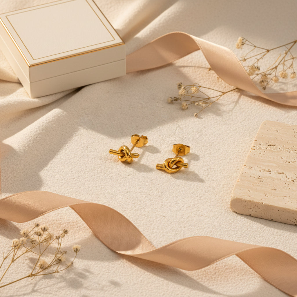 Eterna Knot Stud Earrings styled on cream linen with luxury jewellery accessories.