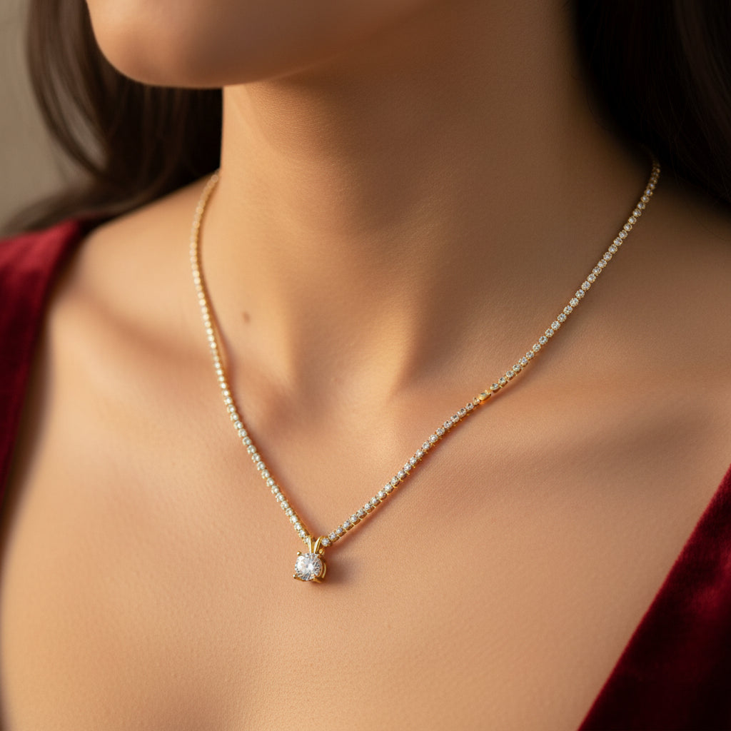 Full Tennis Solitaire Necklace front view showing continuous row of sparkling crystal solitaire stones