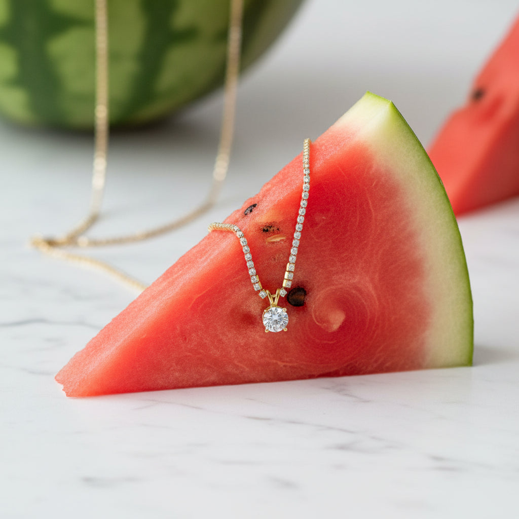 Full Tennis Solitaire Necklace layered with gold chain – curated neck stack styling by Swikaar