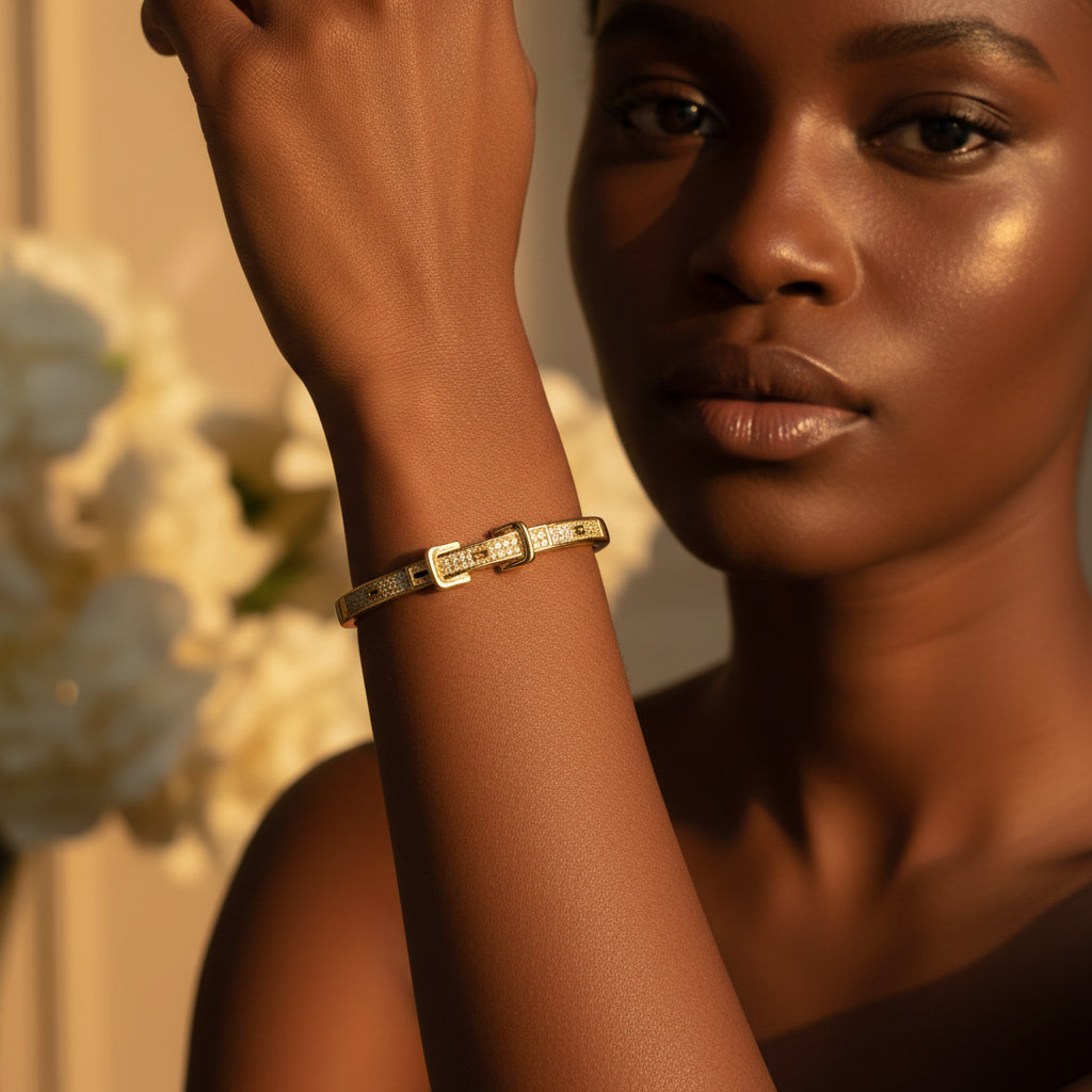 A stunning high-end e-commerce editorial photograph of a beautiful Black beauty model under warm golden lighting, with her face fully visible and the focus centered sharply on the regular size gold belt buckle crystal oval kada bracelet.