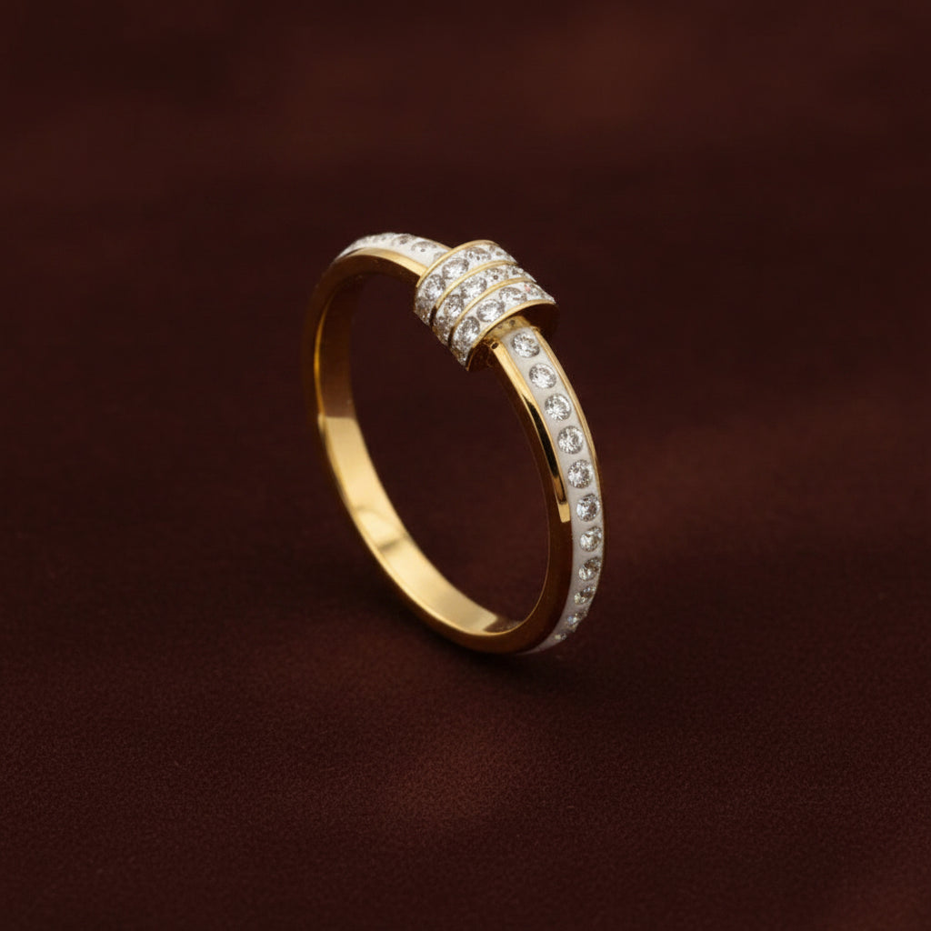 A professional flat lay catalogue shot of the gold plated stackable white enamel ring with crystals and central knot design, with simple shadows on a rich #5b3b3a brown background.