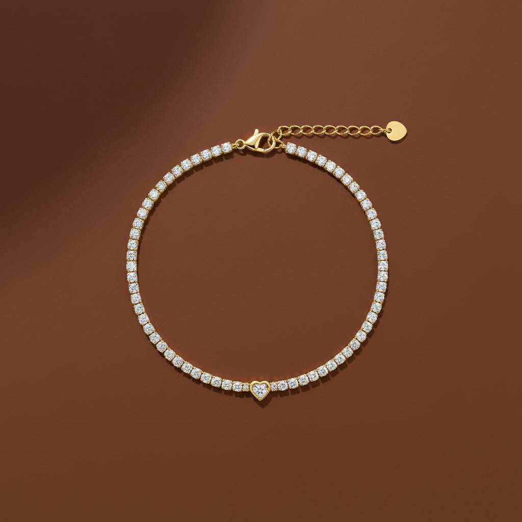 Heart Tennis Bracelet – gold plated crystal tennis bracelet with heart charm by Swikaar