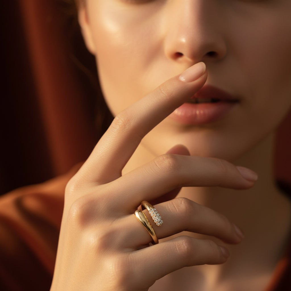 Luna Dual Band Statement Ring worn on finger – bold gold ring for women