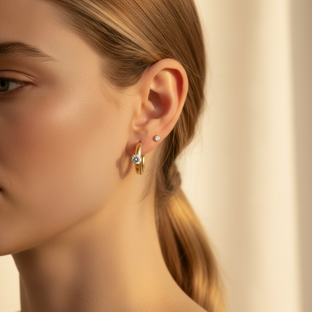 Gold solitaire huggie earrings styled in a modern curated ear stack.