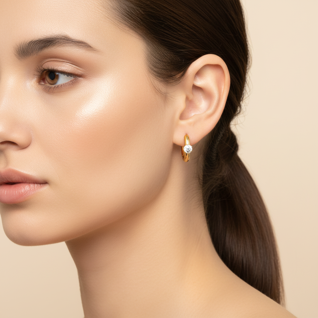 Elegant model wearing gold solitaire huggie earrings against a premium cream background.