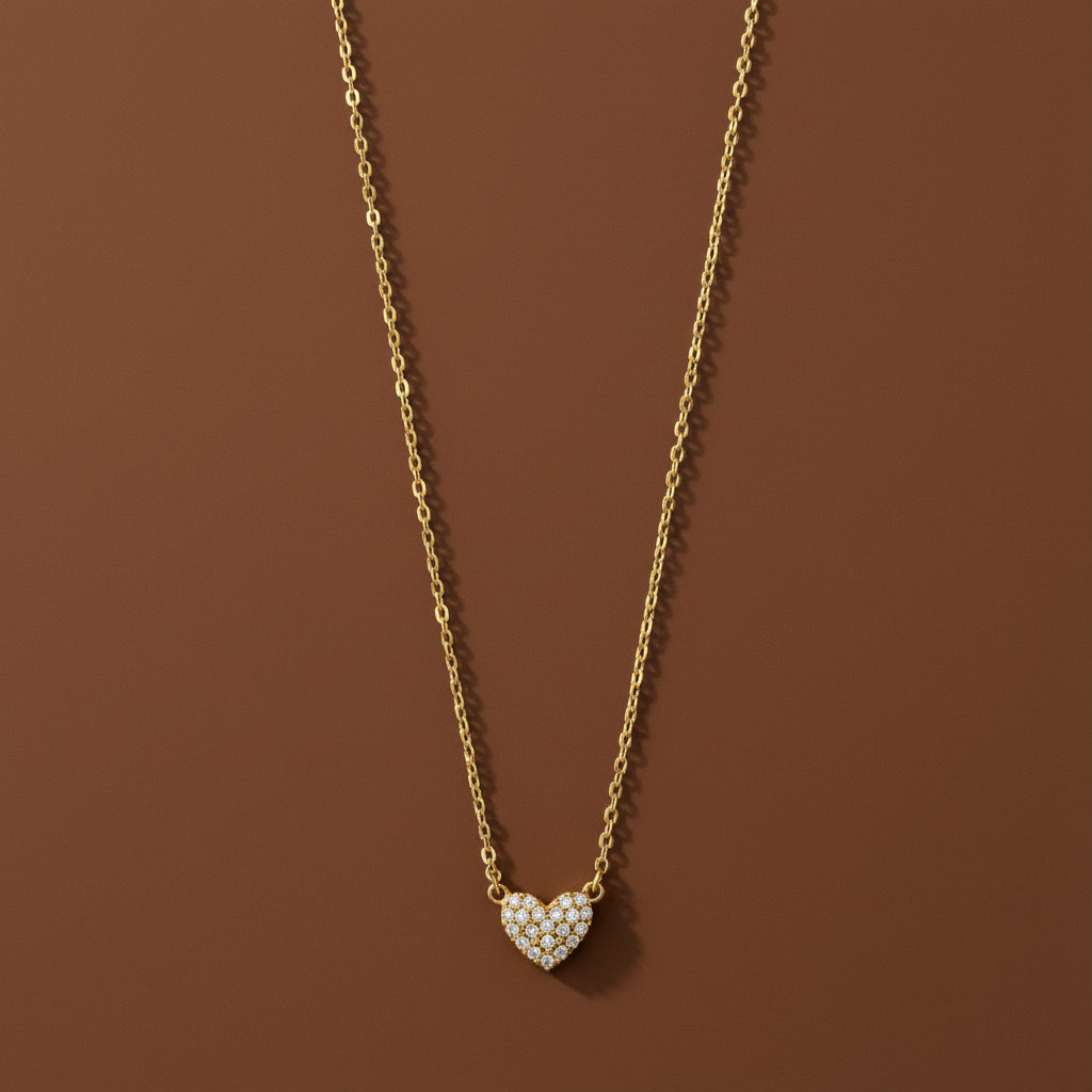 A model wearing the Sparkling Heart Pendant Necklace to showcase its elegant size and radiant shimmer on the neck.