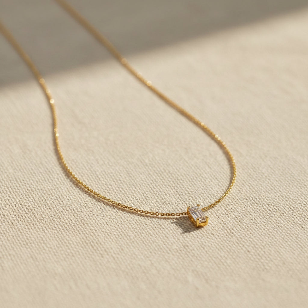 Mini Baguette Pendant Necklace worn around neck – minimalist gold pendant necklace for women