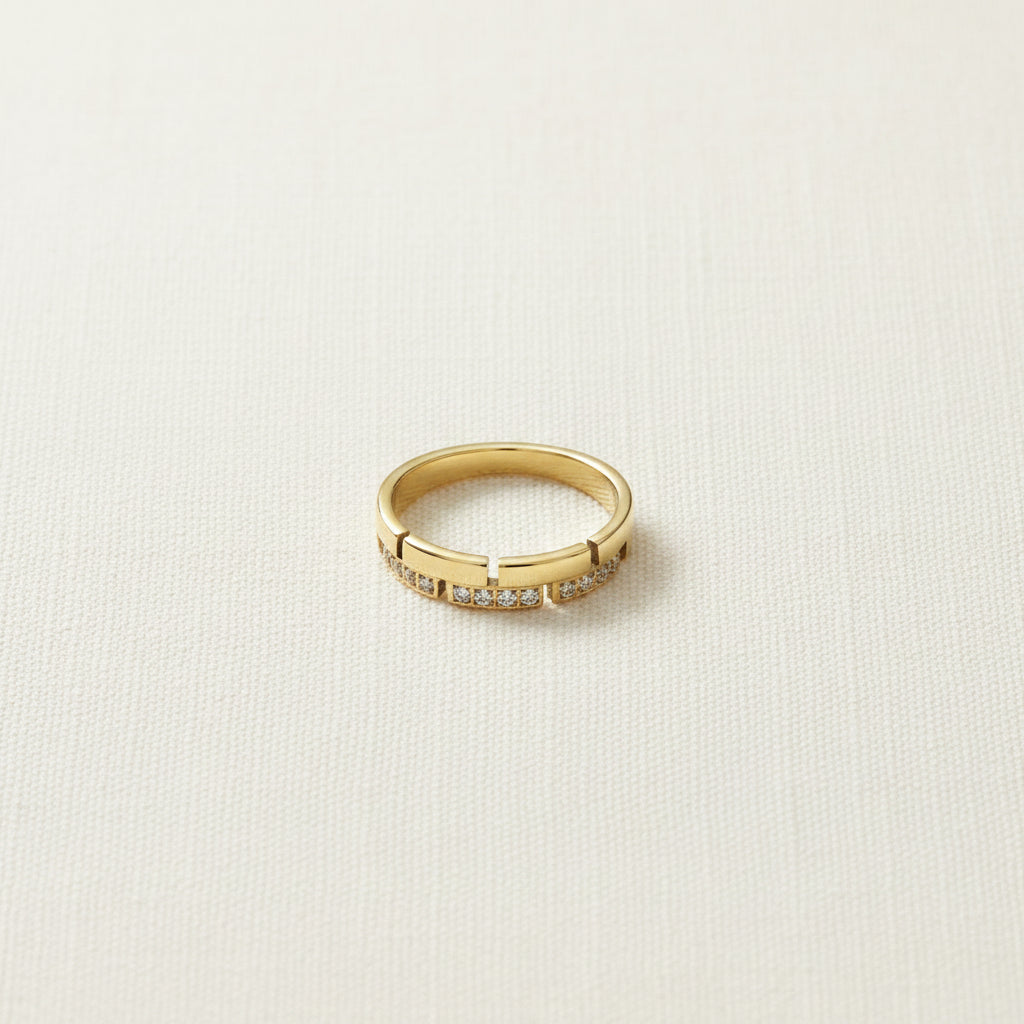 Minimal Luxe Crystal Band Ring worn on finger – minimalist gold crystal ring for women by Swikaar