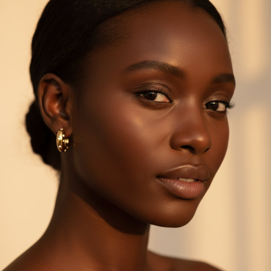 Black female model wearing Nova Pavé Link Hoop Earrings in a luxury jewellery campaign.