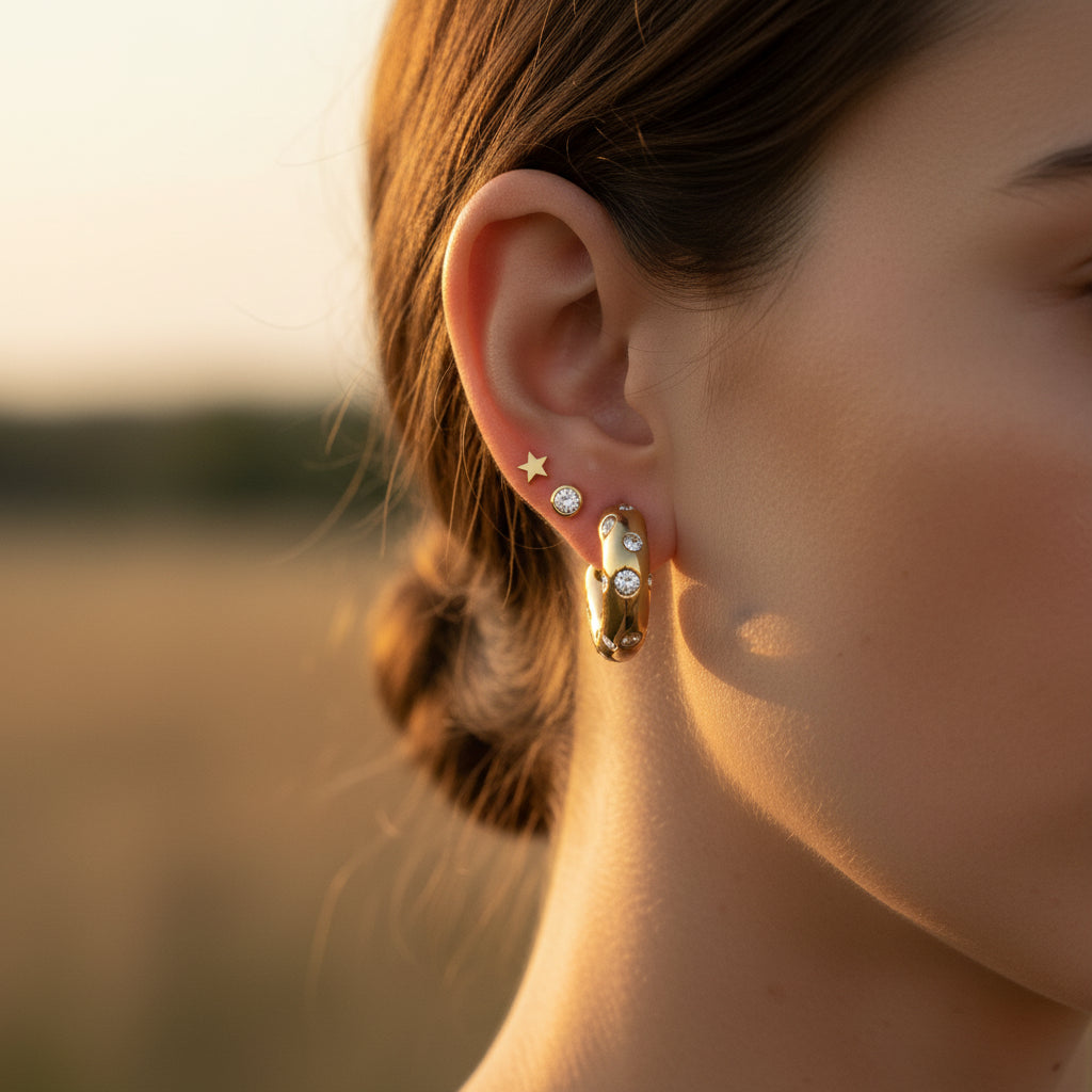 Nova Pavé Link Hoop Earrings styled in a modern curated ear stack.
