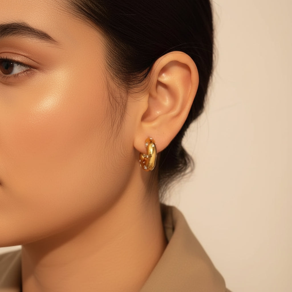 Elegant model wearing Nova Pavé Link Hoop Earrings against a premium #f5f3eb background.