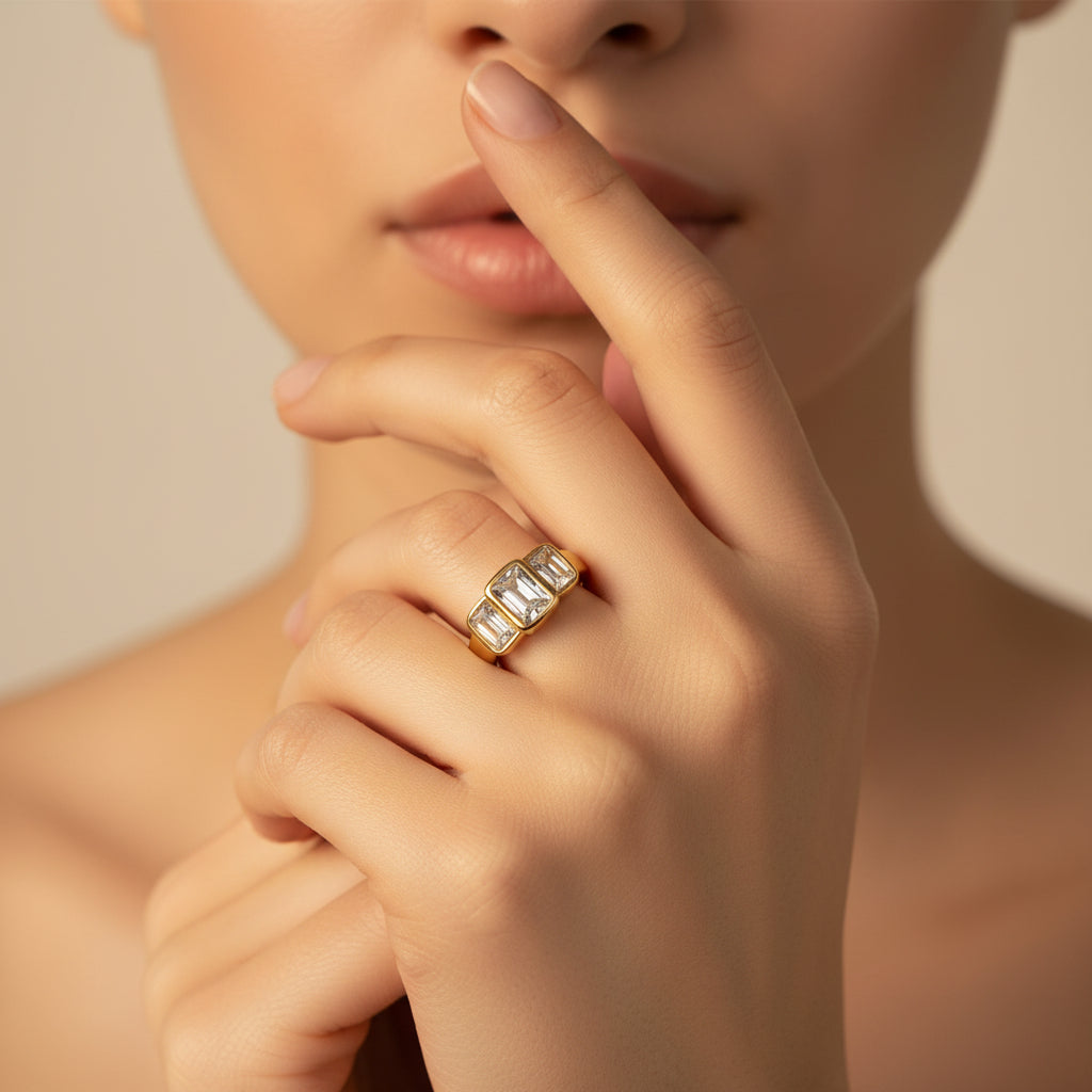 Regal Trio Crystal Ring close-up of cubic zirconia stones in gold finish