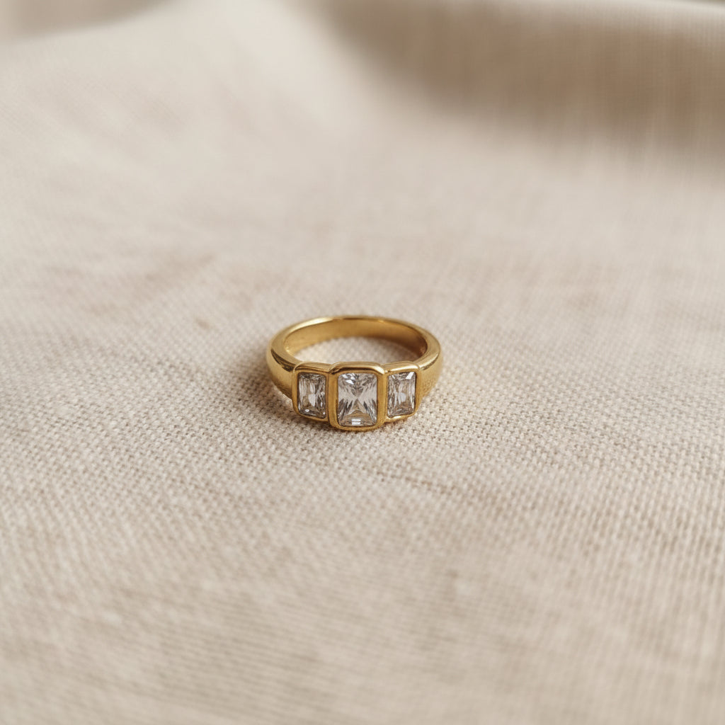 Regal Trio Crystal Ring worn on finger – elegant gold ring for women