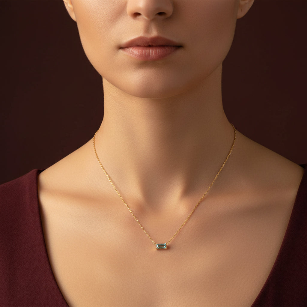 Woman wearing Serene Sky Necklace styled for everyday elegance.