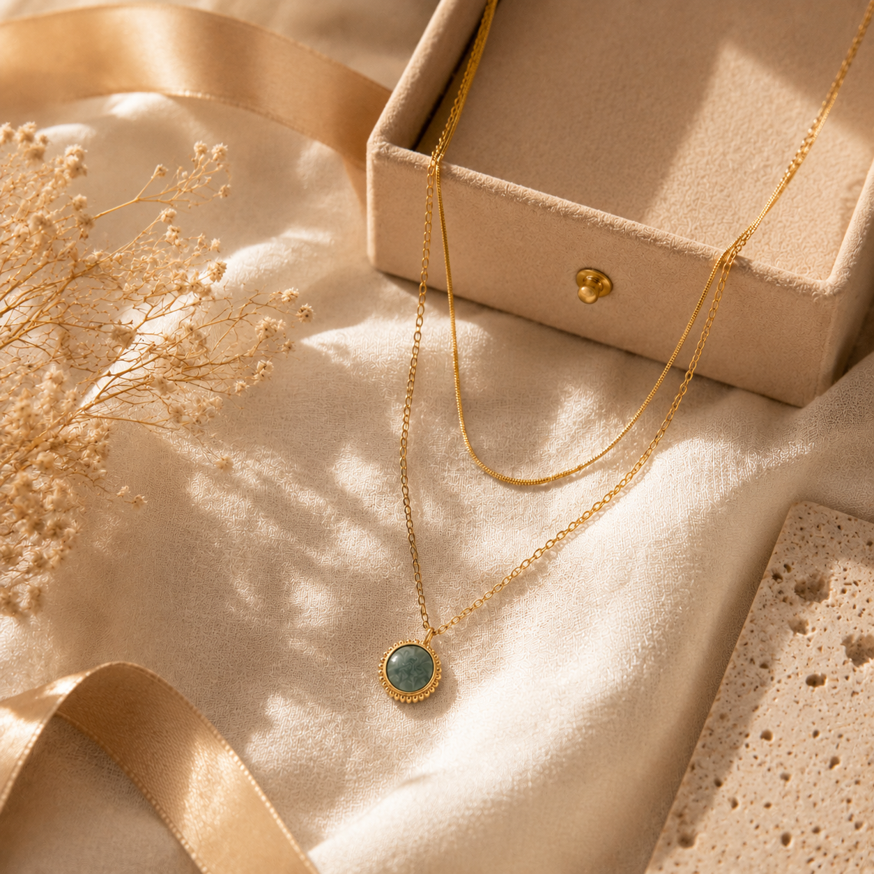 Layered gold necklace with a green stone pendant styled on cream linen.