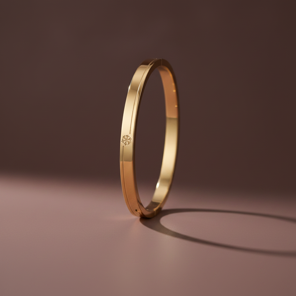 A professional high-angle catalogue shot of the gold plated snowflake engraved oval kada bangle, sized specifically for thin wrists, isolated on a deep cocoa brown background with simple shadows, as seen in image_d96cb3.jpg.