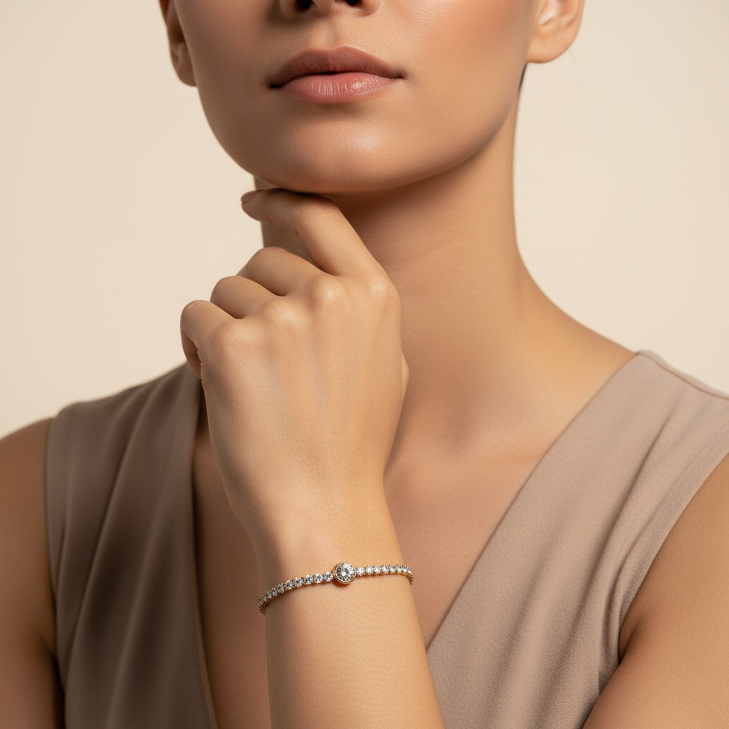 Solitaire Tennis Bracelet worn on wrist – minimalist gold crystal bracelet for women by Swikaar