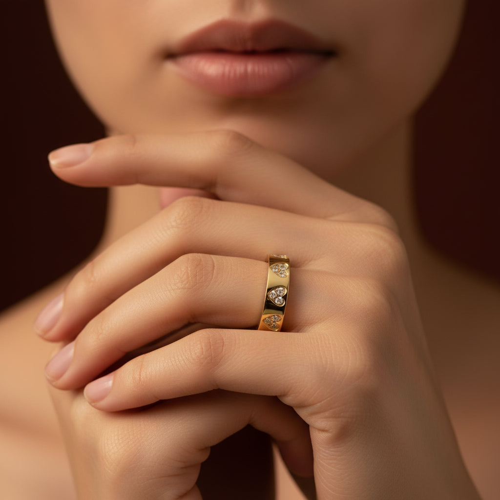 Sparkling Heart Band Ring front view showing full band adorned with heart-cut crystal stones